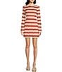 Color:Ivory/Red - Image 1 - Leia Woven Stripe Boat Neck Long Sleeve Dress