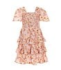 Color:Blush Brown - Image 1 - Little Girls 2T-6X Floral Print Short Sleeve Smocked Tiered Dress