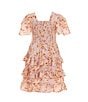 Color:Blush Brown - Image 2 - Little Girls 2T-6X Floral Print Short Sleeve Smocked Tiered Dress
