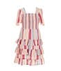 Color:Multi Stripe - Image 2 - Little Girls 2T-6X Multi Stripe Short Sleeve Smocked Tiered Dress