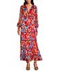 Chelsea & Violet Margaux Floral Print Plisse V-Neck Long Cuff Sleeve Maxi Dress, Color:Red Floral - Image 1