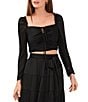 Color:Rich Black - Image 3 - Plisse Long Sleeve Ruched Square Neck Cropped Top
