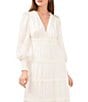 Color:Antique White - Image 3 - Plisse Satin Ruffle Deep V-Neck Long Smocked Cuff Sleeve Tiered Maxi Dress