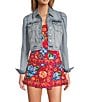 Chelsea & Violet Point Collar Long Puff Shoulder Sleeve Denim Short Statement Jacket, Color:Stella Blue - Image 1