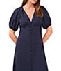 Color:Classic Navy - Image 3 - Puff Sleeve Button Front Dress