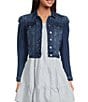 Color:Quartz Wash - Image 1 - Point Collar Long Puff Shoulder Sleeve Denim Short Statement Jacket