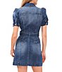 Color:Mid Rinse - Image 2 - Short Puff Sleeve Button Front Stretch Denim Belted Mini Dress