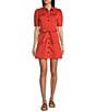 Chelsea & Violet Short Puff Sleeve Button Front Washed Canvas Belted Mini Dress, Color:Red - Image 1