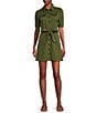 Chelsea & Violet Short Puff Sleeve Button Front Washed Canvas Belted Mini Dress, Color:Olive - Image 1