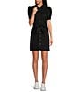 Color:Rich Black - Image 1 - Short Puff Sleeve Button Front Washed Canvas Belted Mini Dress