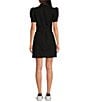Color:Rich Black - Image 2 - Short Puff Sleeve Button Front Washed Canvas Belted Mini Dress