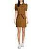 Color:Tapenade - Image 1 - Short Puff Sleeve Button Front Washed Canvas Belted Mini Dress
