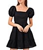 Color:Rich Black - Image 1 - Square Neck Short Puff Sleeve Linen Tie Back Detail Ruffle Tiered Mini Dress