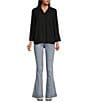 Color:Rich Black - Image 3 - Tencel Point Collar 3/4 Sleeve Shirttail Hem Button Front Patch Pocket Shirt