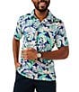 Color:Navy - Image 1 - Night Flauna Tropical Leaf Print Short Sleeve Performance Polo Shirt