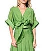 CIEBON Clarisa Solid V-Neck Roll-Tab Sleeve Tie Front Coordinating Crop Top, Color:Green - Image 1