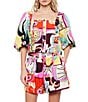 CIEBON Kaitlin Printed Poplin Square Neck Short Puff Sleeve Coordinating Cropped Top, Color:Pink Multi - Image 1