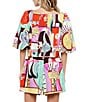 CIEBON Kaitlin Printed Poplin Square Neck Short Puff Sleeve Coordinating Cropped Top, Color:Pink Multi - Image 2