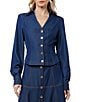 CIEBON Kaylee Denim Collared V-Neck Bishop Sleeve Button Front Shirt, Color:Navy - Image 1