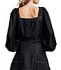 CIEBON Myers Coordinating Denim Square Neck Balloon Sleeve Button Front Top, Color:Black - Image 2