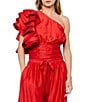 CIEBON Risa One Shoulder Mulit Tiered Ruffle Flutter Sleeve Coordinating Top, Color:Red - Image 1