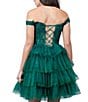 Cinderella Couture Off-The-Shoulder Beaded Sequin Tiered Ruffle Lace Up Back Fit-And-Flare Dress, Color:Hunter - Image 3
