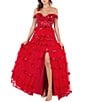 Cinderella Couture Off-The-Shoulder Sequin Beaded Bodice Tiered Tulle Ruffled A-Line Gown, Color:Red - Image 1