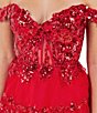 Cinderella Couture Off-The-Shoulder Sequin Beaded Bodice Tiered Tulle Ruffled A-Line Gown, Color:Red - Image 4