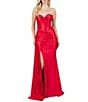 Cinderella Couture Satin Strapless Beaded Corseted Lace Up Back Side Slit Sash Long Dress - Image 1
