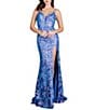 Cinderella Couture Sequin Embellished Floral Applique Deep Illusion V-Neck Side Slit Lace Up Back Long Dress - Image 1