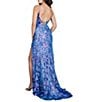 Cinderella Couture Sequin Embellished Floral Applique Deep Illusion V-Neck Side Slit Lace Up Back Long Dress - Image 2