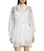 Cinema Etoile Satin Eyelash Lace Sweetheart Neck 3/4 Sleeve A-Line Babydoll & Robe Set, Color:White - Image 1