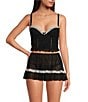Color:Black - Image 1 - Stretch Lace Longline Bralette & Skirt Lingerie Set