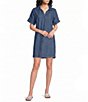 City Blues Collared V-Neck Short Sleeve Frayed Hem Shift Denim Dress - Image 1