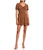 Color:Brown/Ivory - Image 1 - Dotted Print Short Sleeve Tie Front Tiered Dress