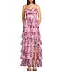 City Vibe Floral Printed Mesh Sweetheart Neck Side Slit Tiered Ruffle Long Dress - Image 1