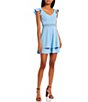 Color:Bright Sky - Image 1 - Flutter Sleeve Lace Trim Waist Double Hem Fit-And-Flare Mini Dress