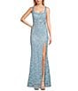 Color:Sky Blue - Image 1 - Sequin Lace Scoop Neck Dress