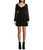 Color:Black - Image 1 - Long Sleeve Lace-Up Front Fit & Flare Peasant Dress
