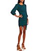 Color:Emerald - Image 3 - Round Neck Blouson Sleeve Ruched Tie Skirt Textured Sheath Dress