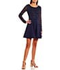 Color:Navy - Image 1 - Floral Lace Overlay Round Neck Long-Sleeve Scuba Crepe Fit-And-Flare Dress
