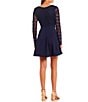 Color:Navy - Image 2 - Floral Lace Overlay Round Neck Long-Sleeve Scuba Crepe Fit-And-Flare Dress