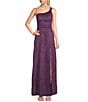 Color:Grape - Image 1 - One Shoulder Glitter Cage Back Long Dress