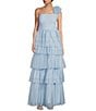 Color:Powder Blue - Image 1 - One-Shoulder Ruffled Strap Tiered Ball Gown
