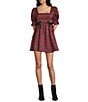 City Vibe Plaid Square Neck Puff Sleeve Velvet Bow Front Smocked Back Dress - Image 1