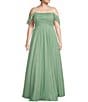 Color:Sage/Silver - Image 1 - Plus Size Off-The-Shoulder Ruched Bodice Long Dress