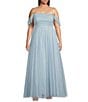 City Vibe Plus Size Off-The-Shoulder Ruched Bodice Long Dress, Color:Baby Blue/Sliver - Image 1