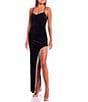 Color:Black - Image 3 - Scoop Neck Fringe Detail Side Slit Long Dress