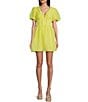 Color:Yellow - Image 1 - Short Puffy Sleeve V-Neck Plaid Skirt Dress
