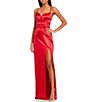 Color:Crimson - Image 1 - Sleeveless Inset Deep V-Neck Lace-Up Back Slit Hem Long Satin Dress